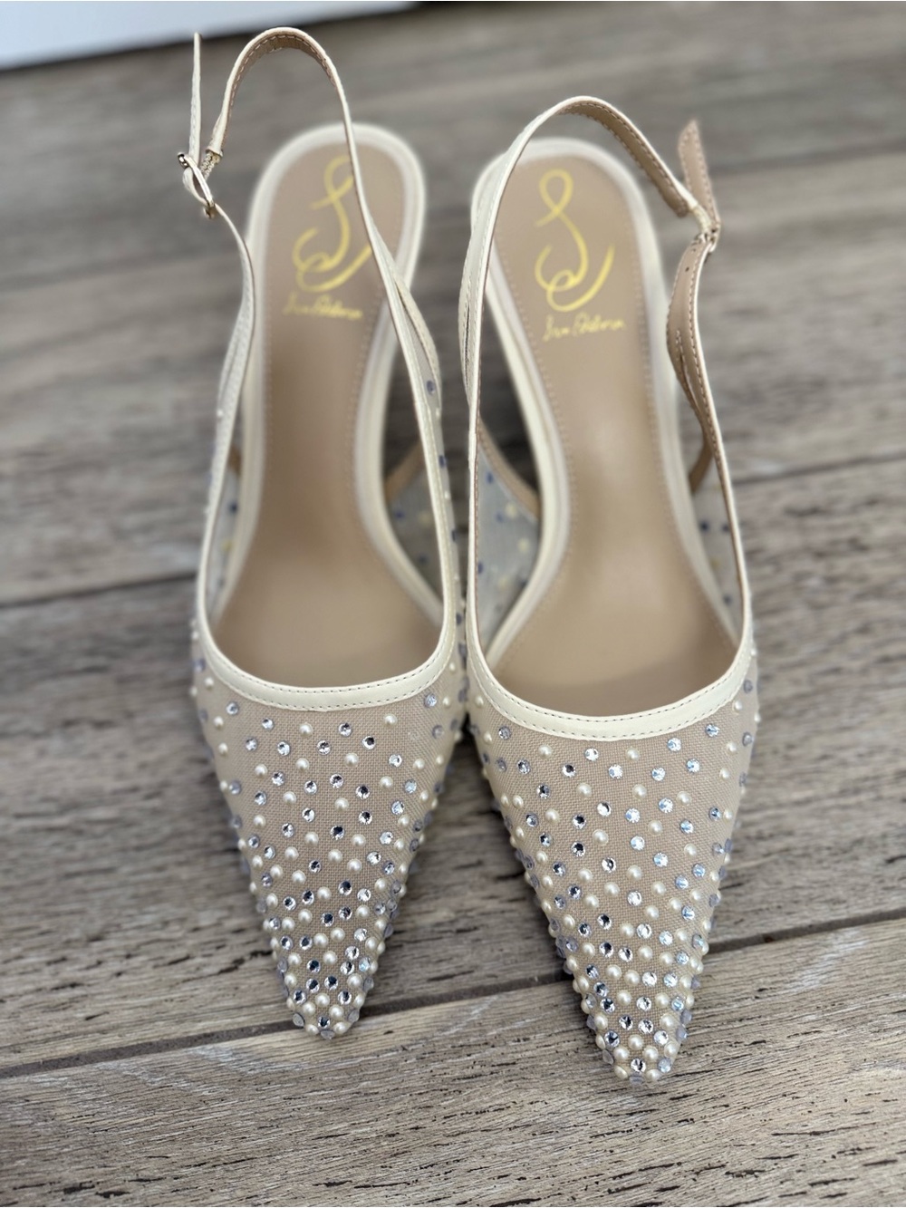 Sam Edelman “Bianka” pearl rhinestone Ivory mesh Slingback Kitten Heels NIB 8.5 - Picture 6 of 8